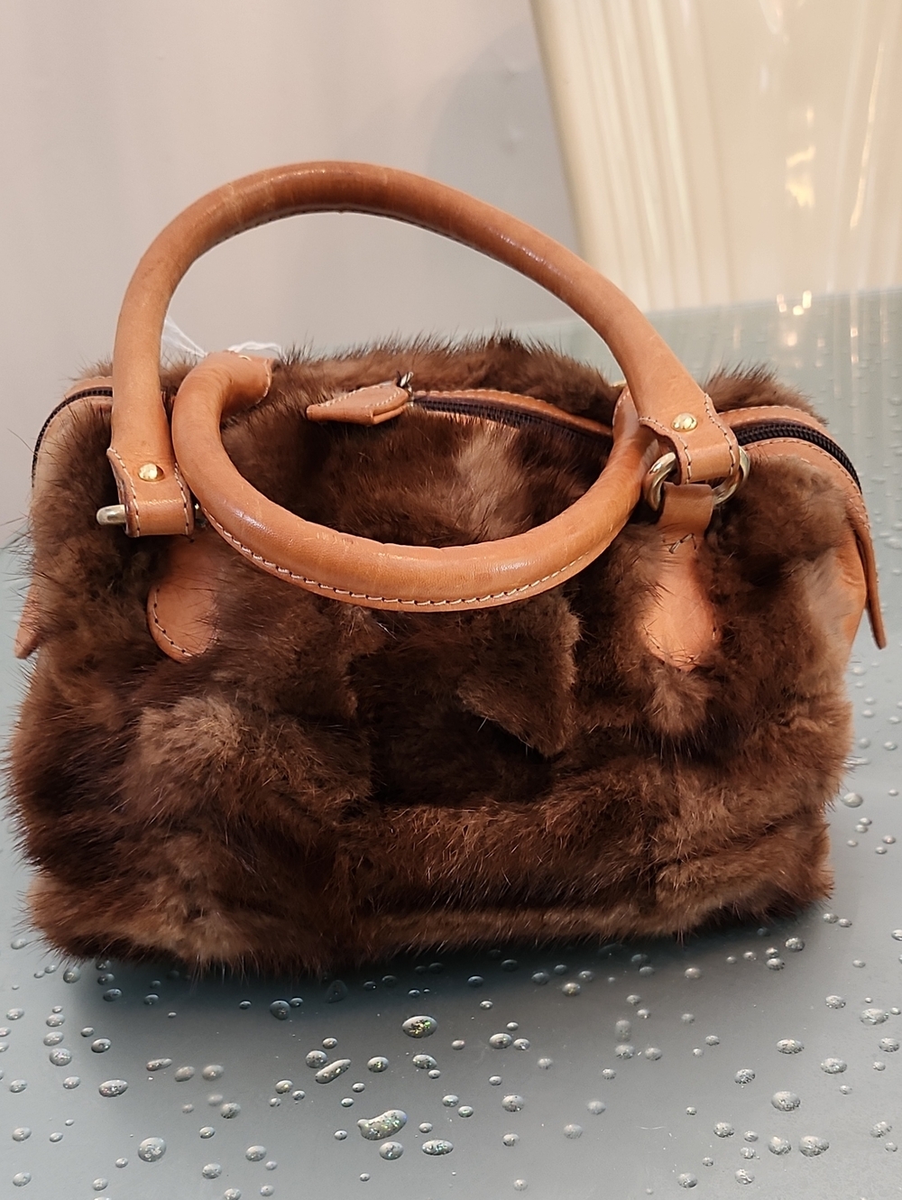 Paolo Masi Brown Faux Fur Top-Handle Bag with Leather Trim